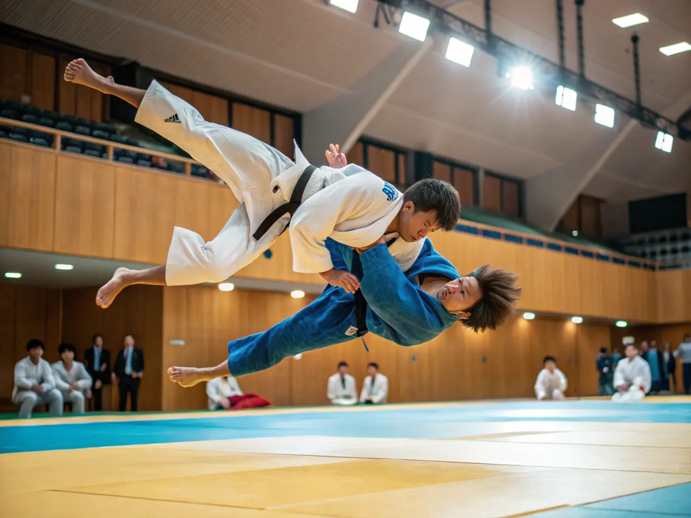 A photograph showcasing advanced judo practitioners engaged in a sparring session, demonstrating complex techniques and strategic movements. The image should highlight the intensity and skill involved in competitive judo.