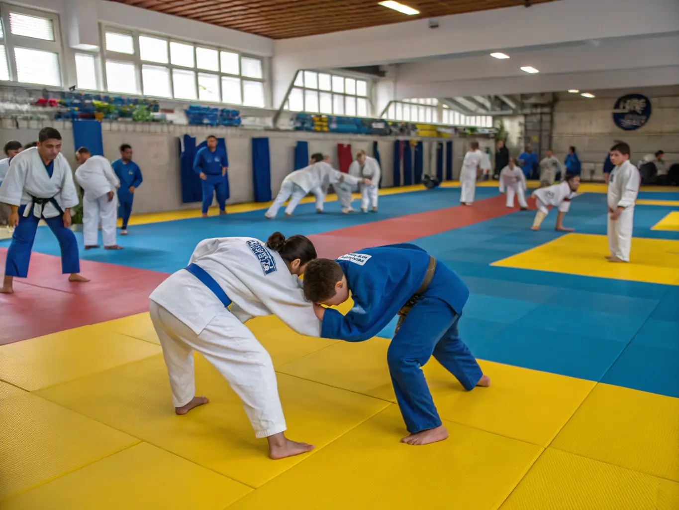 A photograph capturing a dynamic judo training session with children and adults practicing together, guided by an instructor in a dojo setting. The image should convey energy, focus, and community spirit.