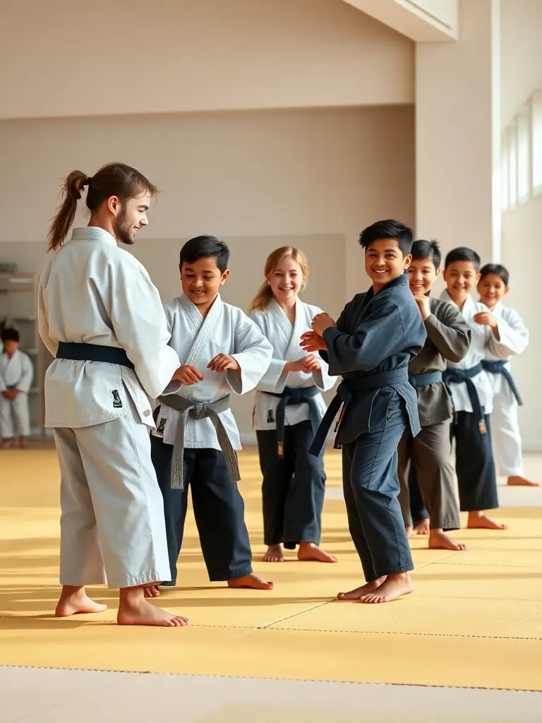 A photo of a diverse group of people participating in a judo demonstration, showcasing the inclusive judo program for people with disabilities.