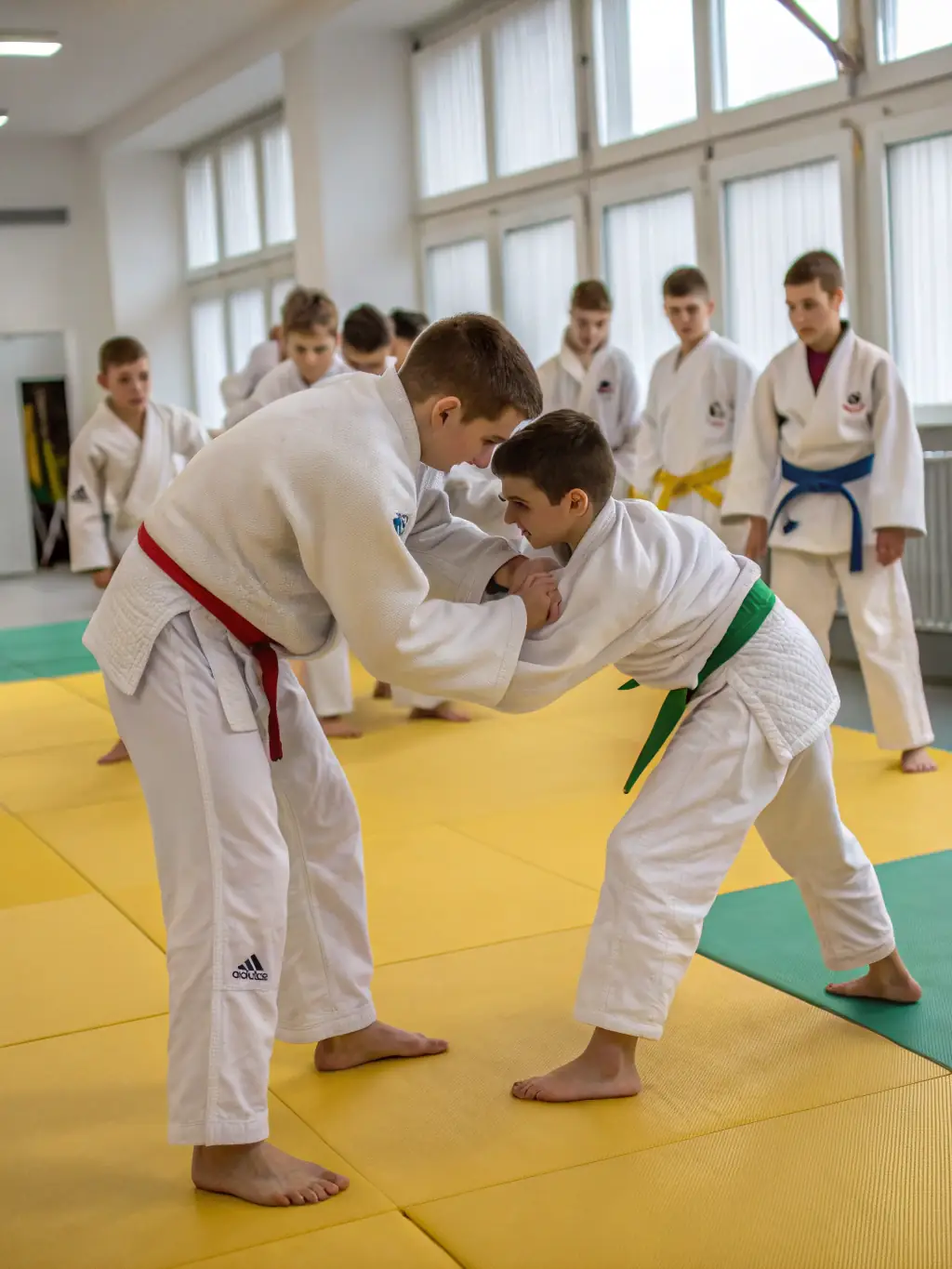 A photo of teenagers engaged in a judo sparring session, highlighting the youth judo program focused on skill development and competition preparation.