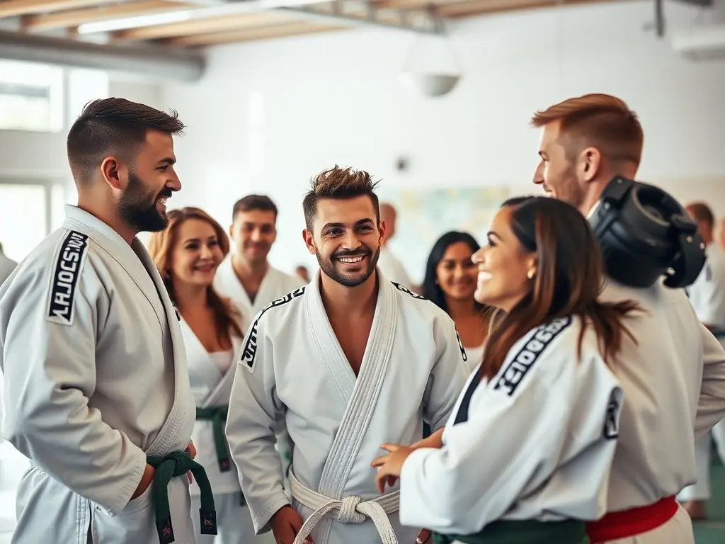A photograph featuring a group of judo participants at a community event, showcasing the social and inclusive aspect of the sport. The image should capture the camaraderie and fun experienced during these gatherings.