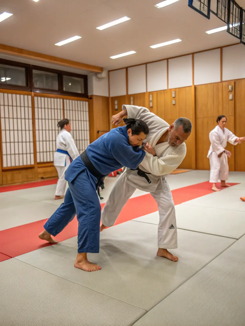 A photo of adults practicing judo throws and grappling techniques, emphasizing the adult judo program for fitness and self-defense.