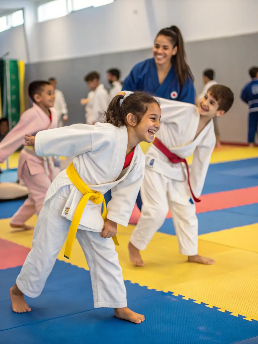 A photo of young children practicing judo techniques under the guidance of an instructor, showcasing the introductory judo program for kids.